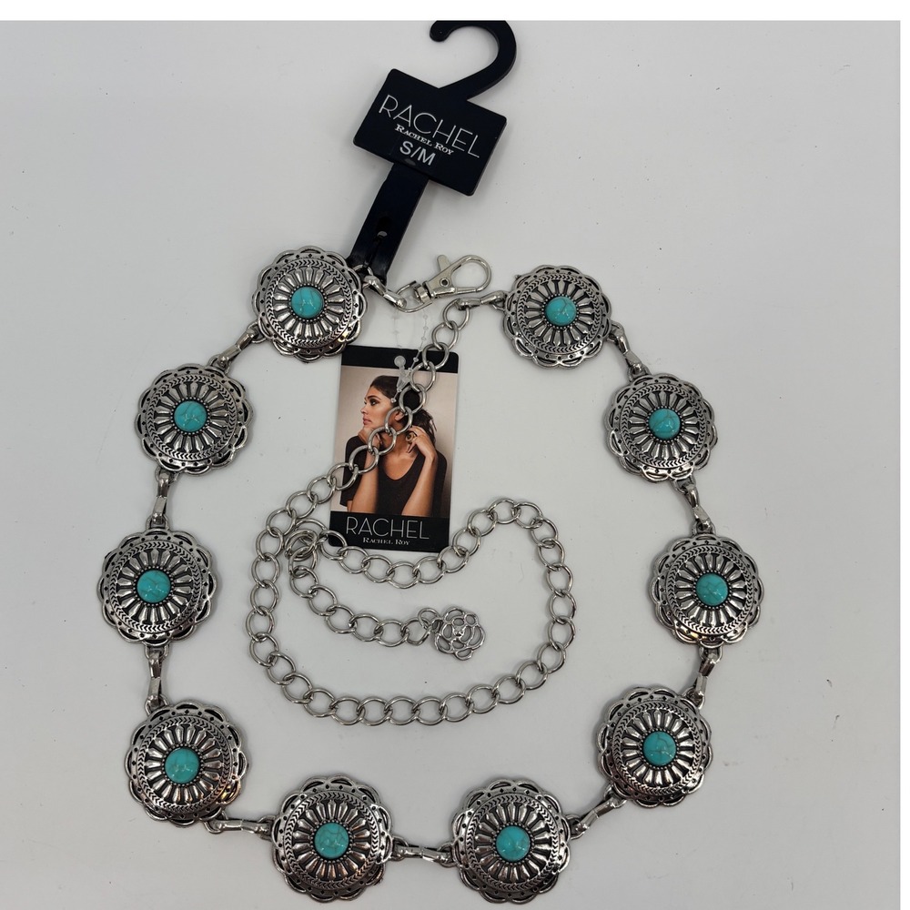 Rachel Rachel Roy Concho Belt Women SM Silver Turquoise Western Boho Chain Belt